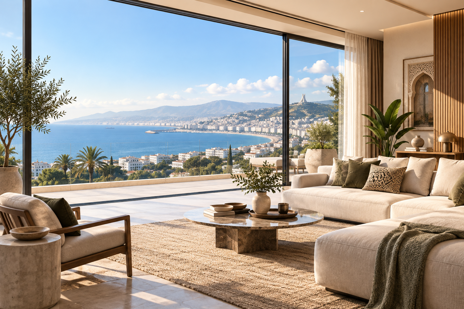 Illustration d’un intérieur avec vue sur la baie d’Alger — AM Living